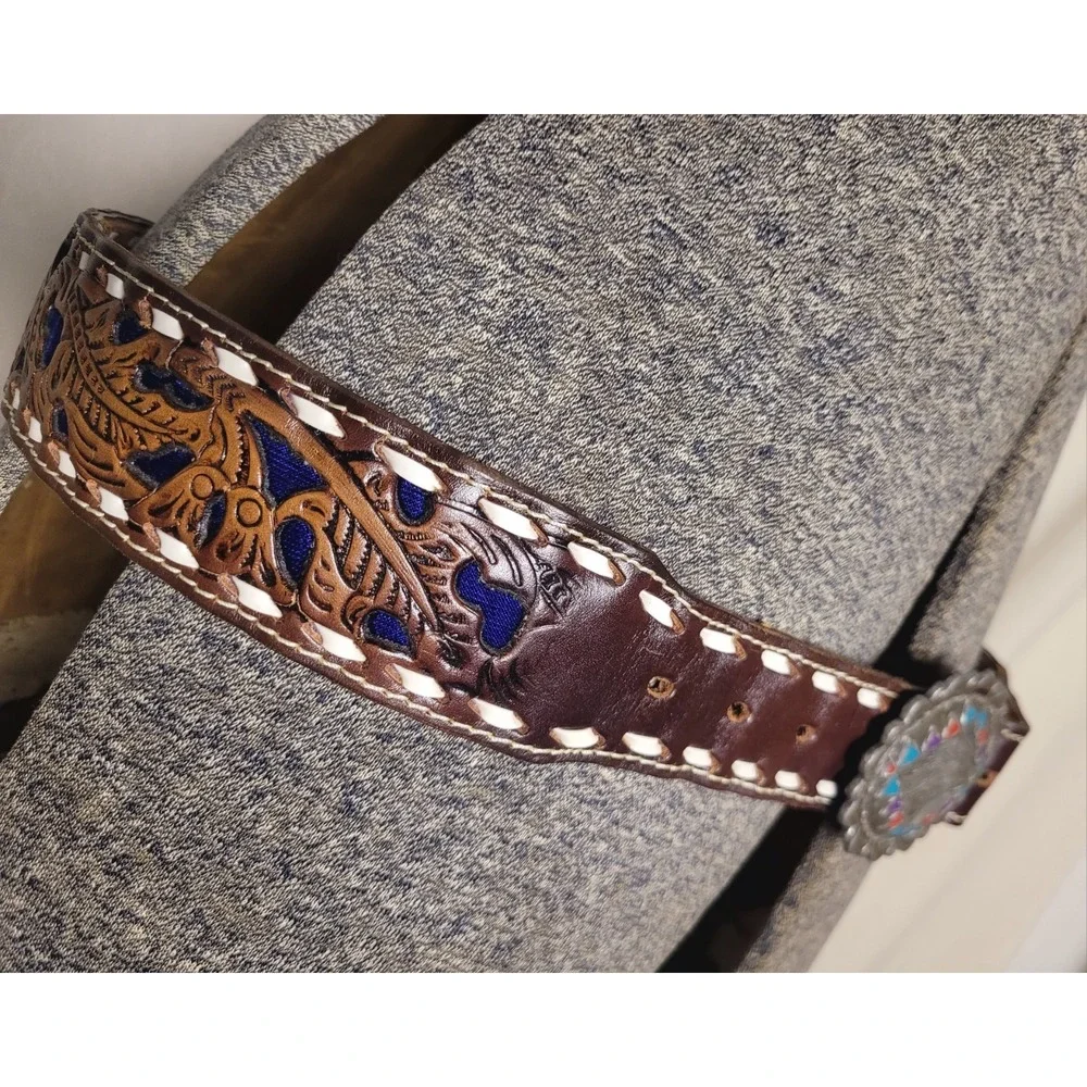 Vinatge‎ Texas Sterling Leather Belt Tooled Blue Inlay Buckle Eagle Western 36
